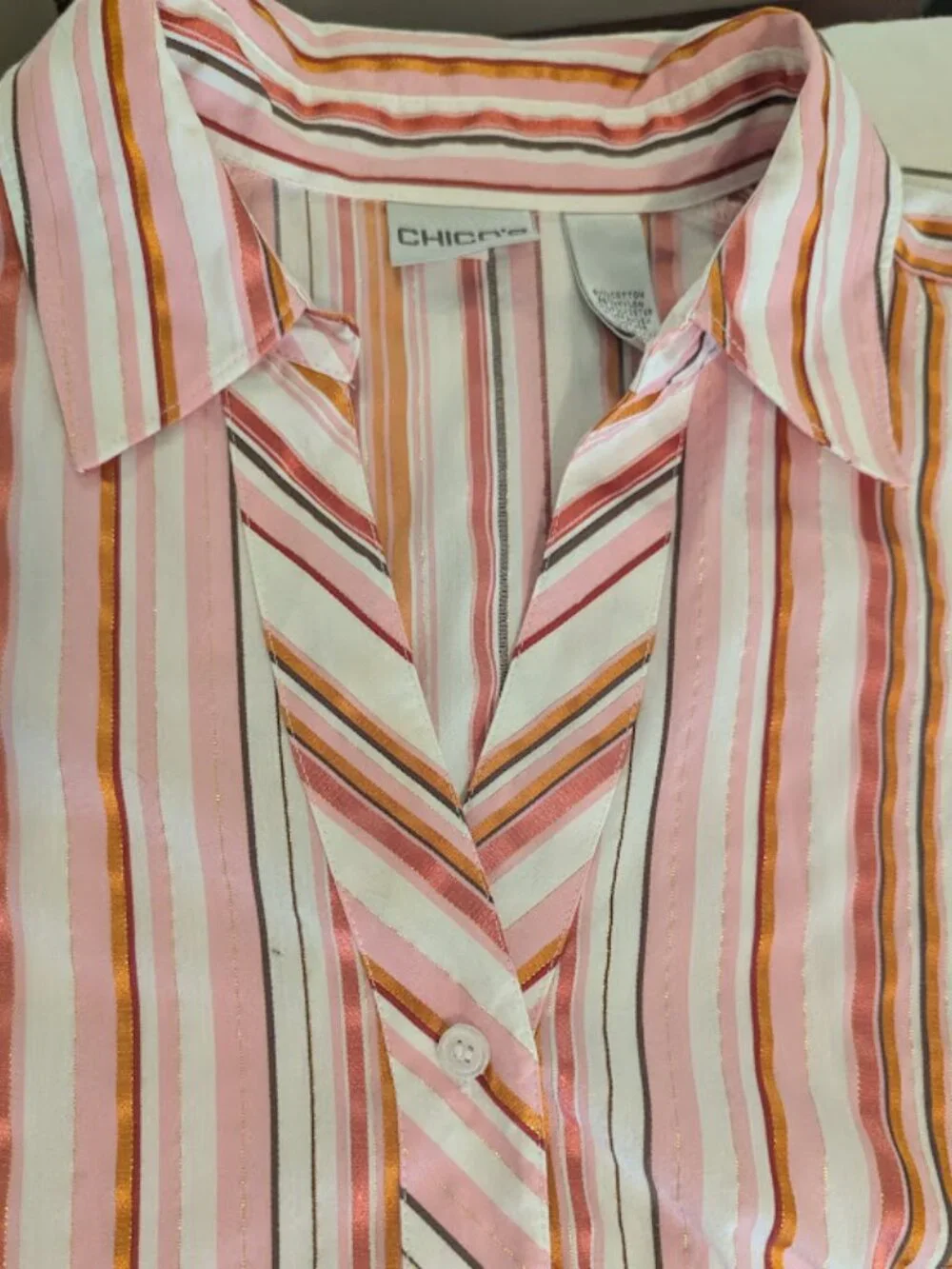 Chico's Size 3 Pink Orange Metallic Stripe Button Front Shirt Stretch Cotton
